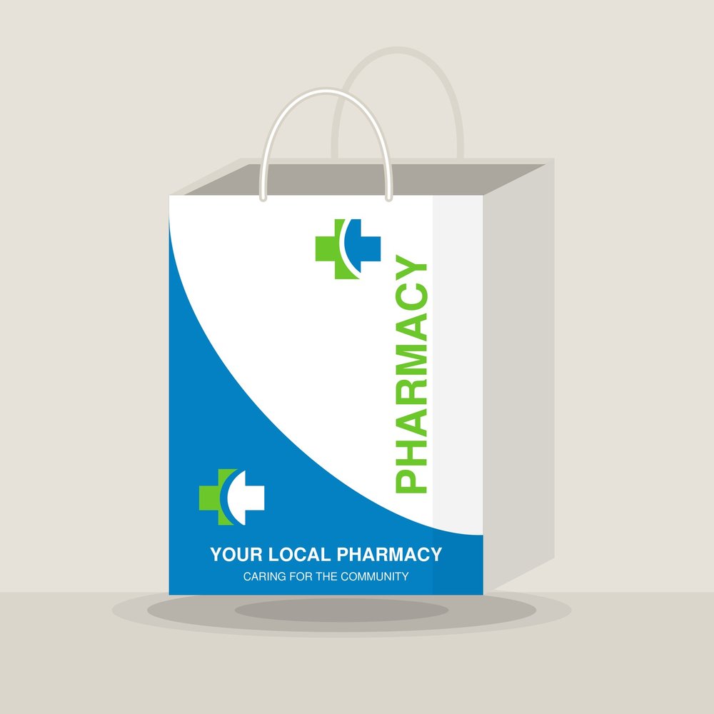 Pharmacy paper bag printed in blue and green