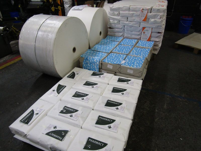 Paper reels and finished paper bags on the factory floor in Roscrea